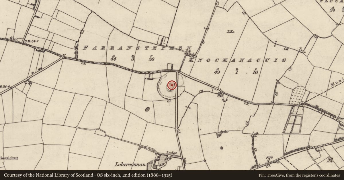 Ordnance Survey six-inch map, 2nd edition (1888–1915) covering the location of Hilltop enclosure, Knockanacuig, Lohercannan, County Kerry, with a pin at the register's coordinates