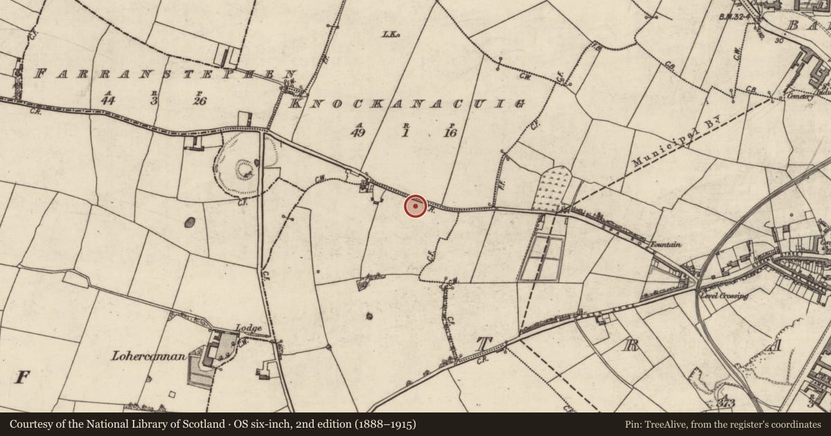 Ordnance Survey six-inch map, 2nd edition (1888–1915) covering the location of Enclosure, Ballyvelly, County Kerry, with a pin at the register's coordinates