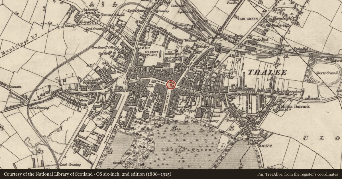 Ordnance Survey six-inch map, 2nd edition (1888–1915) covering the location of Historic town, County Kerry, with a pin at the register's coordinates