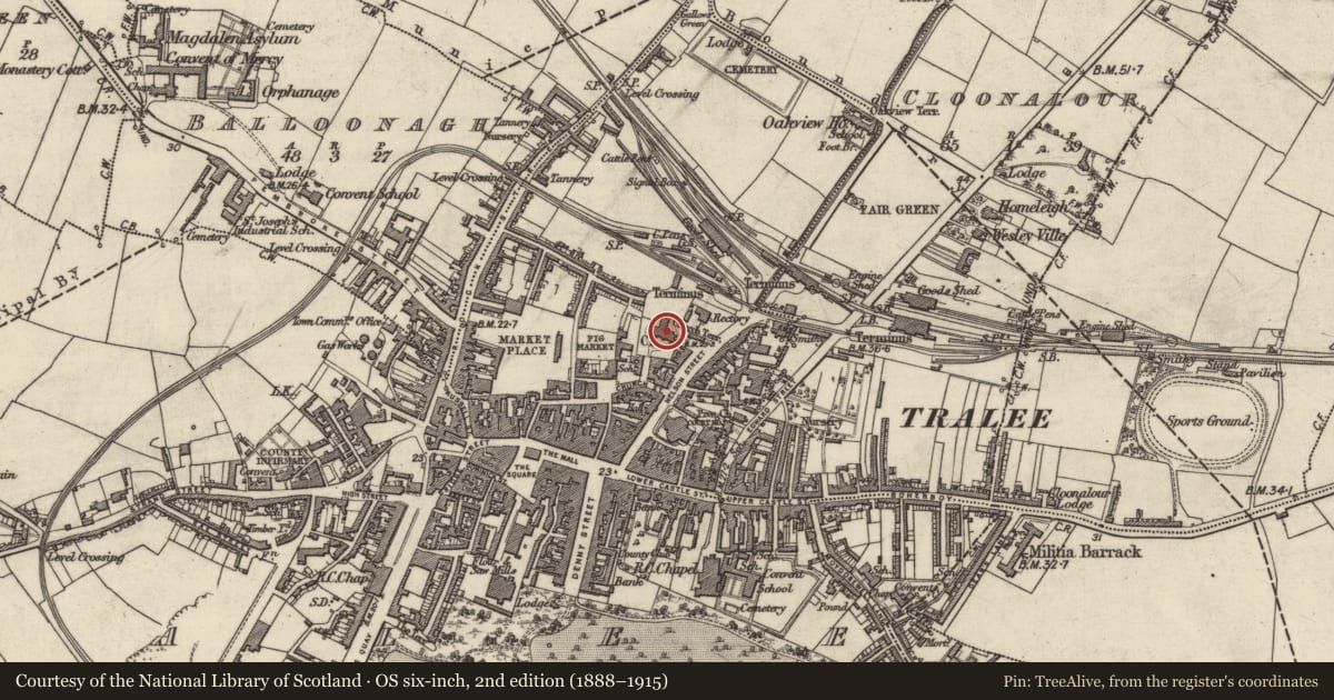 Ordnance Survey six-inch map, 2nd edition (1888–1915) covering the location of Font, Tralee, County Kerry, with a pin at the register's coordinates