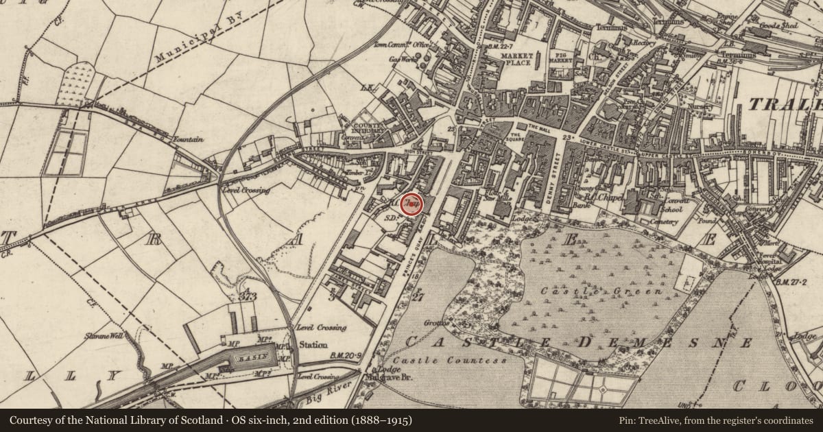 Ordnance Survey six-inch map, 2nd edition (1888–1915) covering the location of Architectural fragment, Tralee, County Kerry, with a pin at the register's coordinates