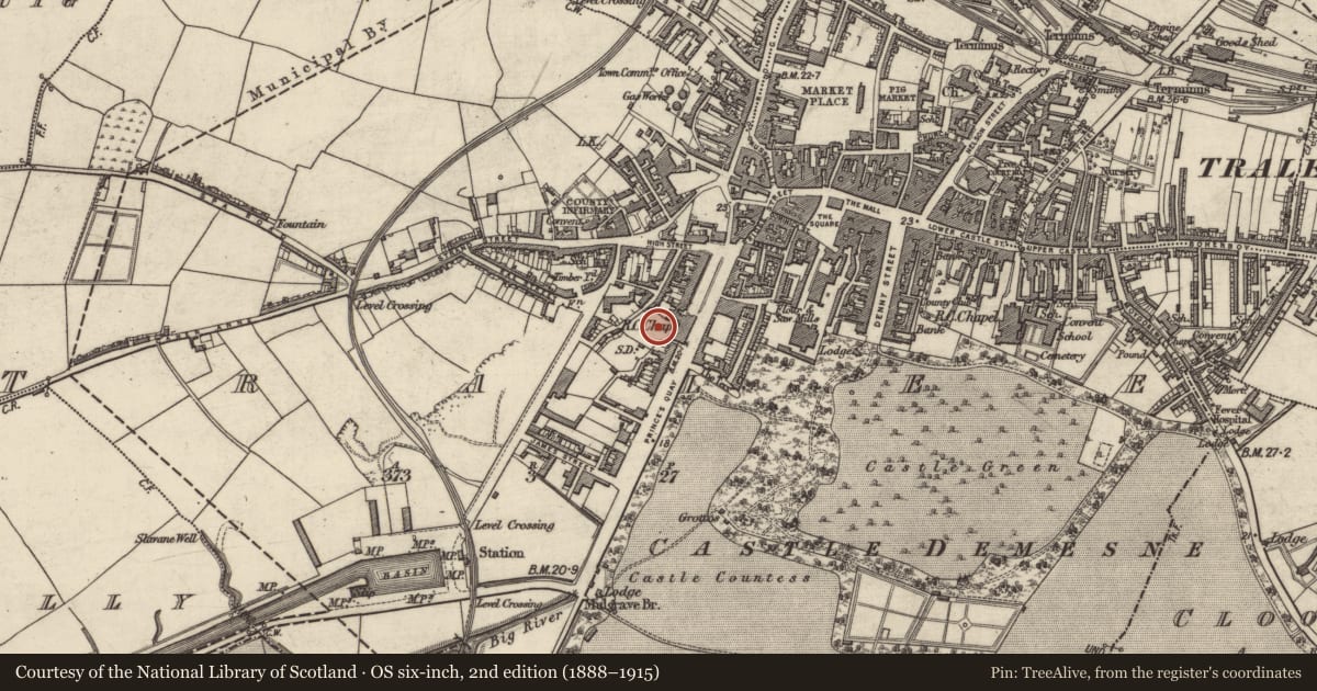 Ordnance Survey six-inch map, 2nd edition (1888–1915) covering the location of Architectural fragment, Tralee, County Kerry, with a pin at the register's coordinates
