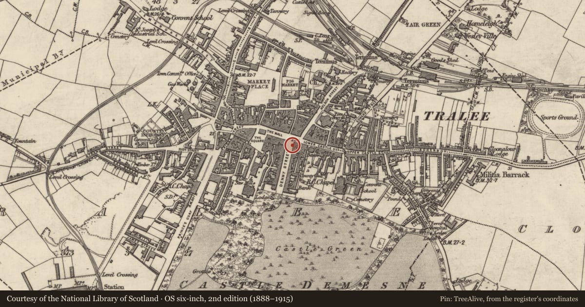 Ordnance Survey six-inch map, 2nd edition (1888–1915) covering the location of Castle - unclassified, Tralee, County Kerry, with a pin at the register's coordinates