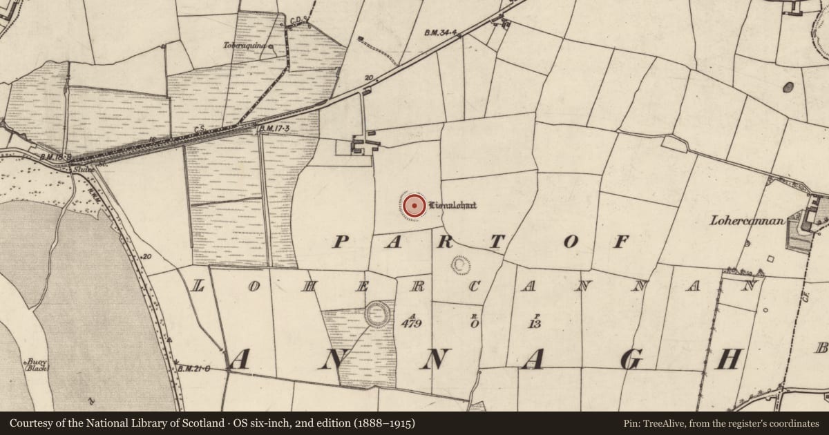 Ordnance Survey six-inch map, 2nd edition (1888–1915) covering the location of Ringfort - rath, Lohercannan, County Kerry, with a pin at the register's coordinates