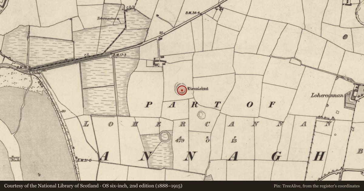 Ordnance Survey six-inch map, 2nd edition (1888–1915) covering the location of Souterrain, Lohercannan, County Kerry, with a pin at the register's coordinates