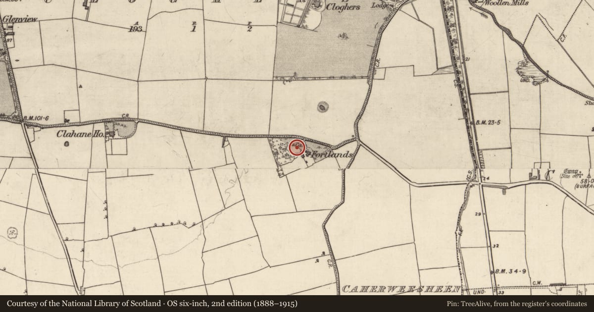 Ordnance Survey six-inch map, 2nd edition (1888–1915) covering the location of Enclosure, Clahane, County Kerry, with a pin at the register's coordinates