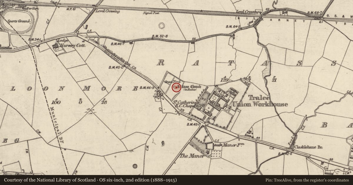 Ordnance Survey six-inch map, 2nd edition (1888–1915) covering the location of Ecclesiastical site, Ratass, County Kerry, with a pin at the register's coordinates