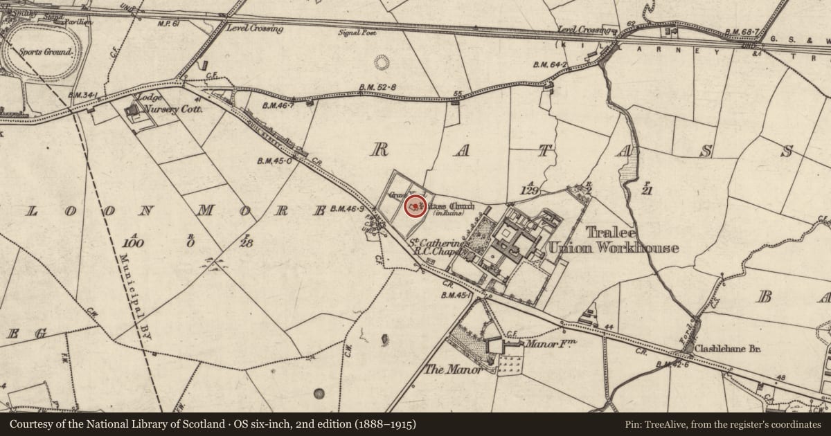 Ordnance Survey six-inch map, 2nd edition (1888–1915) covering the location of Wall monument, Ratass, County Kerry, with a pin at the register's coordinates