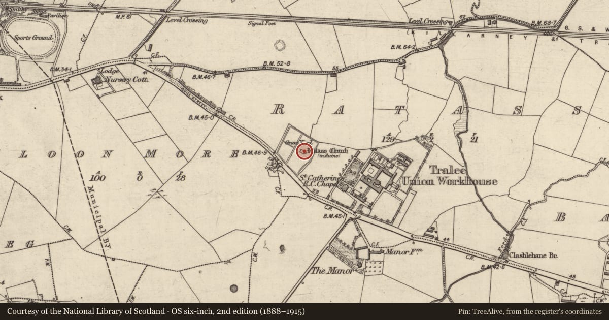 Ordnance Survey six-inch map, 2nd edition (1888–1915) covering the location of Cross-slab, Ratass, County Kerry, with a pin at the register's coordinates