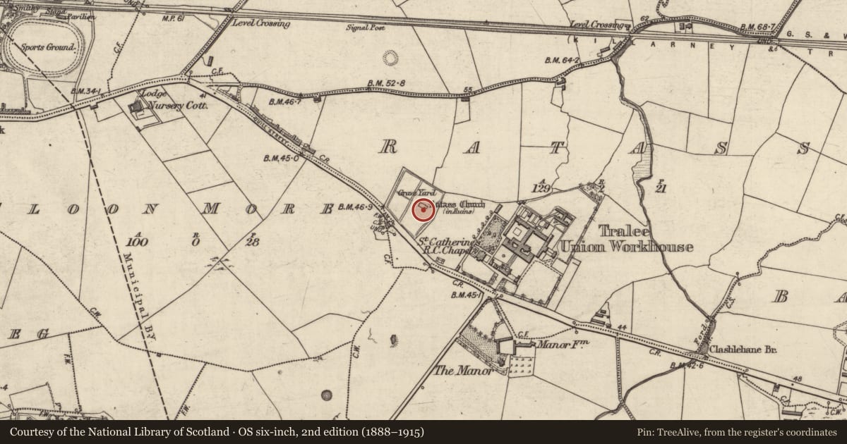 Ordnance Survey six-inch map, 2nd edition (1888–1915) covering the location of Graveyard, Ratass, County Kerry, with a pin at the register's coordinates