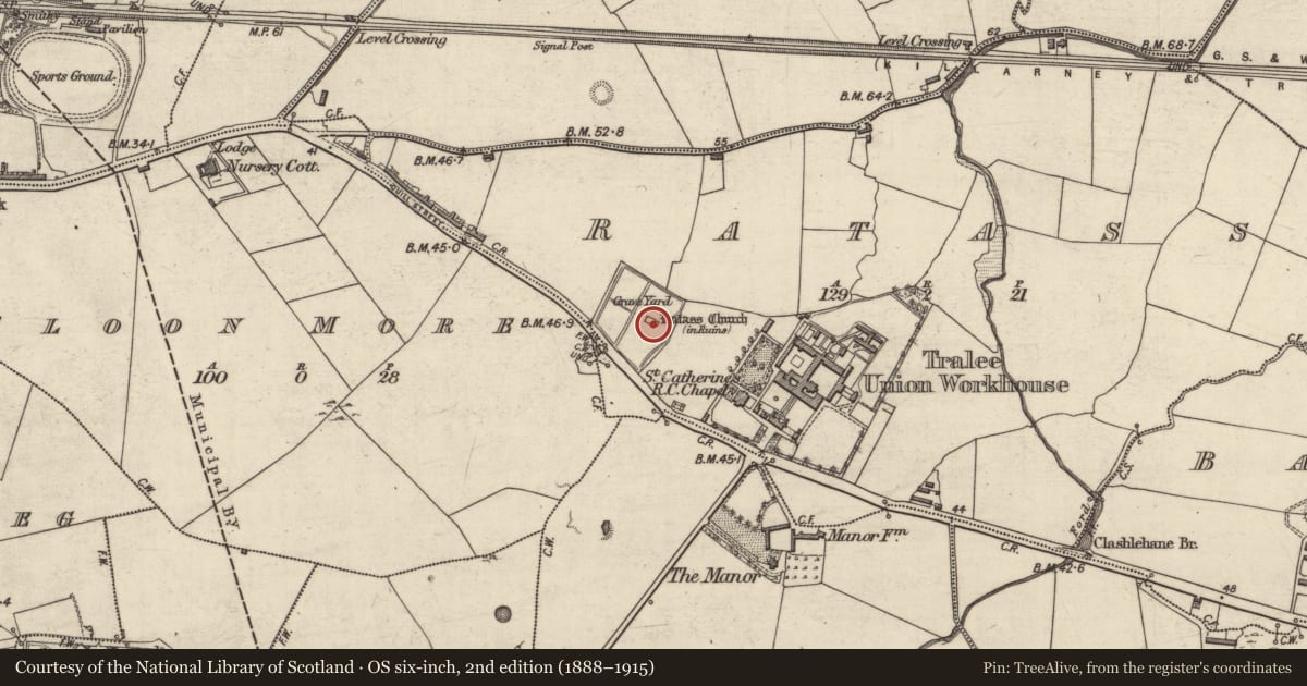 Ordnance Survey six-inch map, 2nd edition (1888–1915) covering the location of Architectural fragment, Ratass, County Kerry, with a pin at the register's coordinates