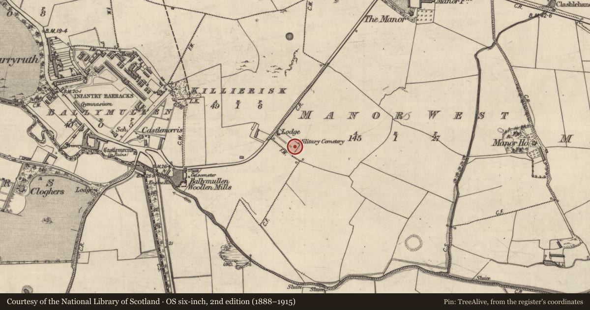 Ordnance Survey six-inch map, 2nd edition (1888–1915) covering the location of Enclosure, Manor West, County Kerry, with a pin at the register's coordinates
