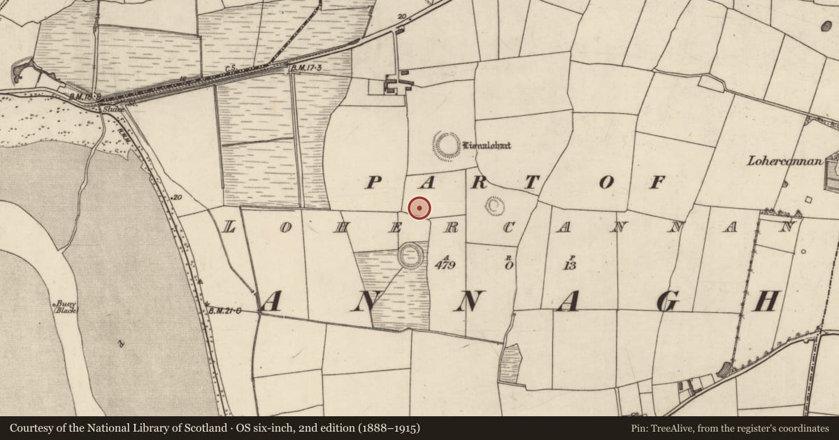 Ordnance Survey six-inch map, 2nd edition (1888–1915) covering the location of Enclosure, Lohercannan, County Kerry, with a pin at the register's coordinates