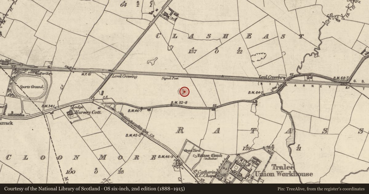 Ordnance Survey six-inch map, 2nd edition (1888–1915) covering the location of Enclosure, Clash East, County Kerry, with a pin at the register's coordinates