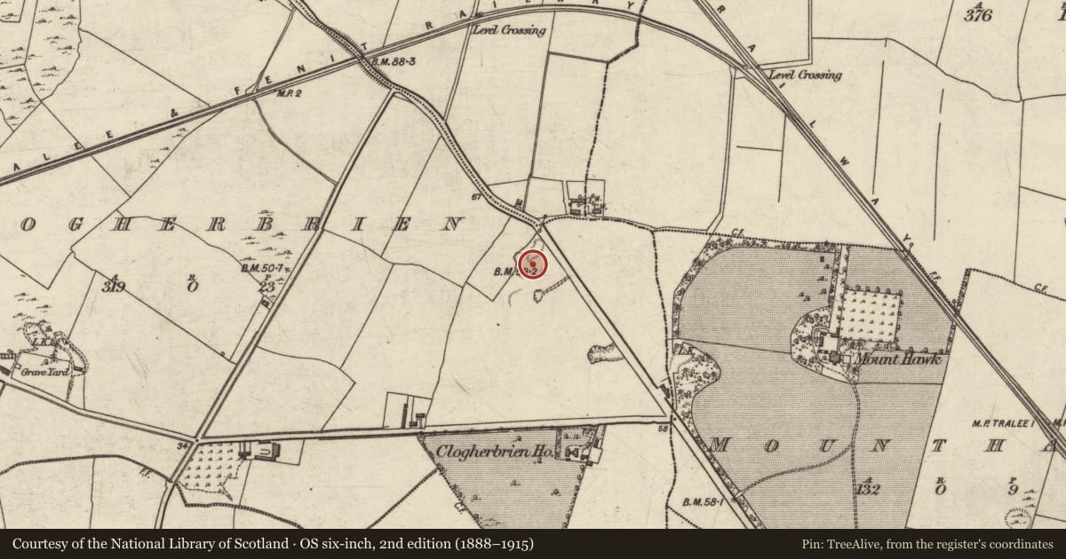 Ordnance Survey six-inch map, 2nd edition (1888–1915) covering the location of Souterrain, Clogherbrien, County Kerry, with a pin at the register's coordinates