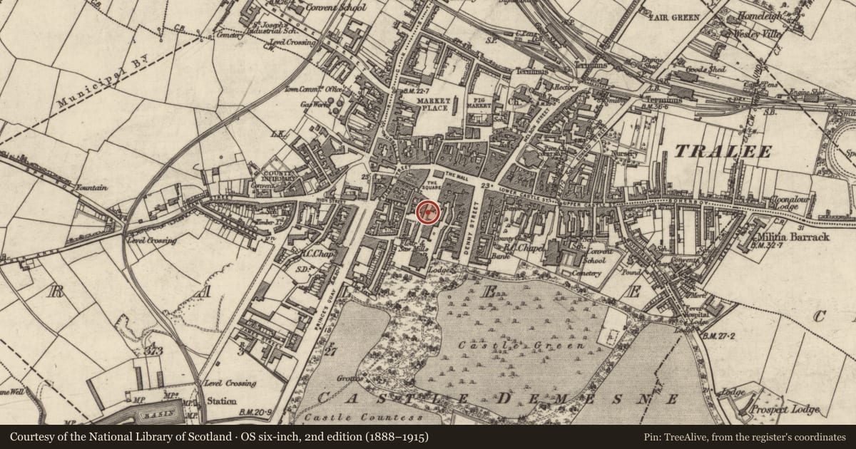 Ordnance Survey six-inch map, 2nd edition (1888–1915) covering the location of Graveyard, Tralee, County Kerry, with a pin at the register's coordinates