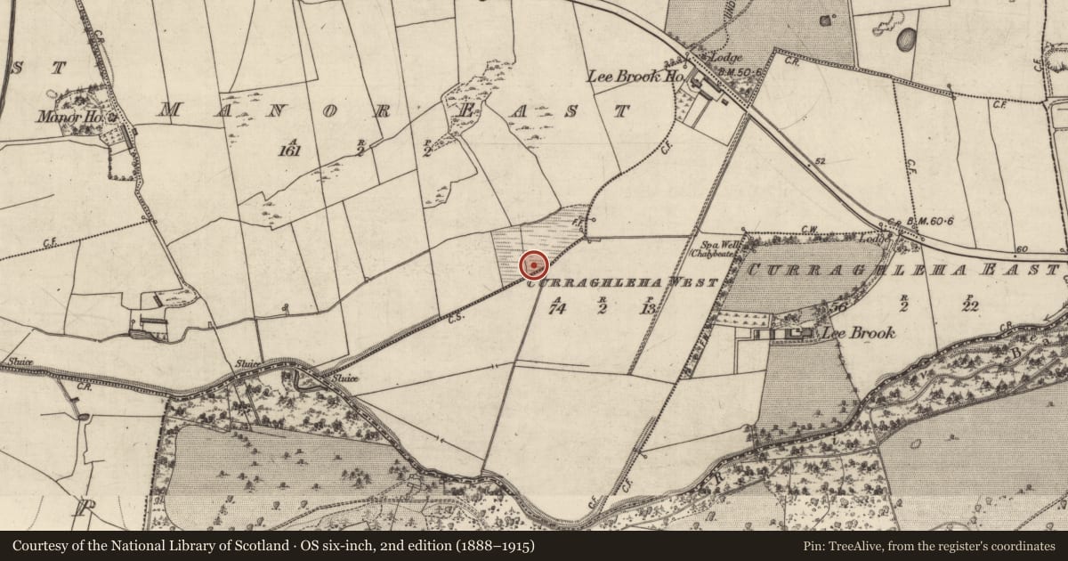 Ordnance Survey six-inch map, 2nd edition (1888–1915) covering the location of Burnt mound, Manor East, County Kerry, with a pin at the register's coordinates