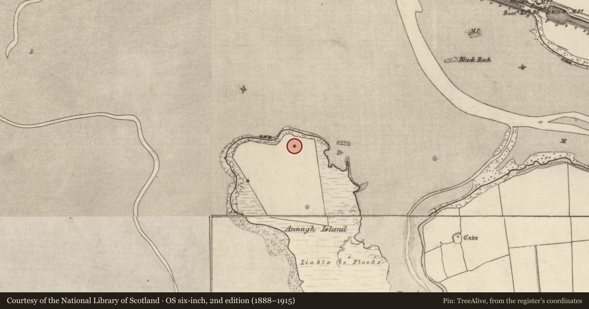 Ordnance Survey six-inch map, 2nd edition (1888–1915) covering the location of Enclosure, Annagh Island, County Kerry, with a pin at the register's coordinates
