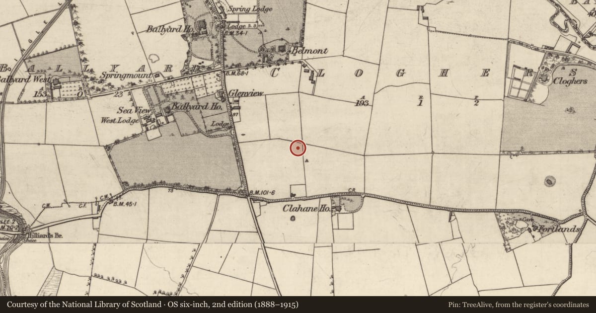 Ordnance Survey six-inch map, 2nd edition (1888–1915) covering the location of Ring-ditch, Cloghers, County Kerry, with a pin at the register's coordinates