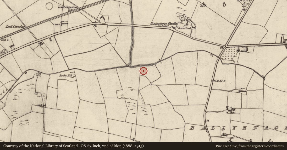 Ordnance Survey six-inch map, 2nd edition (1888–1915) covering the location of Burnt mound, Kerries East, County Kerry, with a pin at the register's coordinates