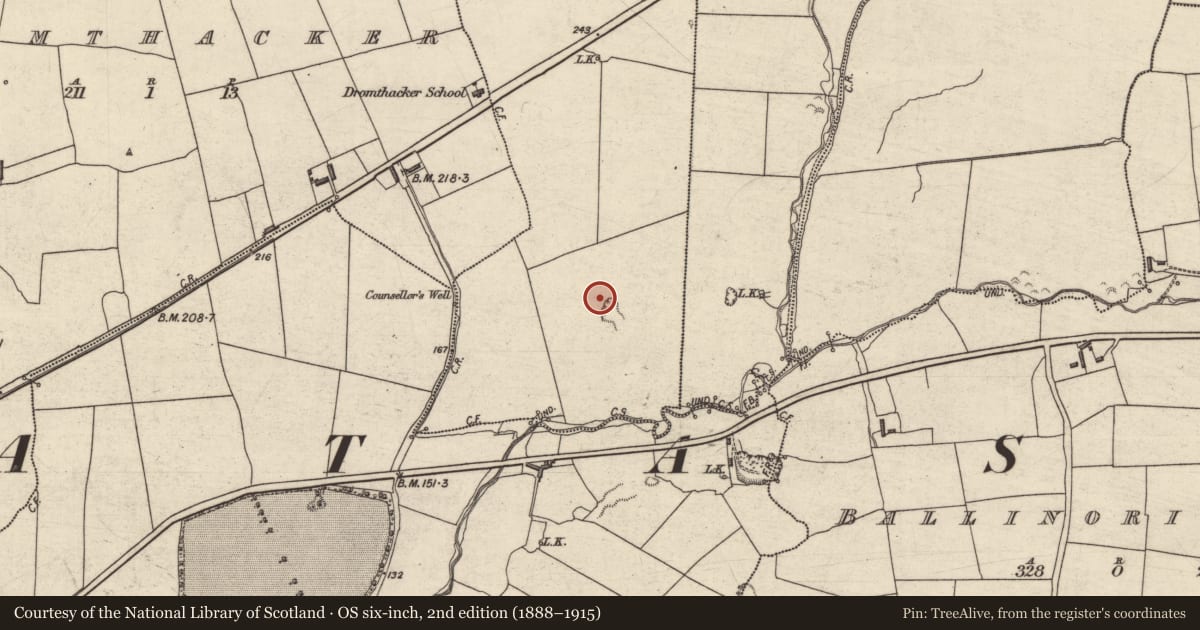 Ordnance Survey six-inch map, 2nd edition (1888–1915) covering the location of Enclosure, Knockawaddra West, County Kerry, with a pin at the register's coordinates