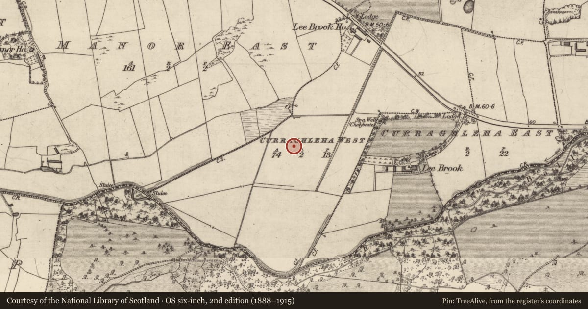 Ordnance Survey six-inch map, 2nd edition (1888–1915) covering the location of Fulacht fia, Curraghleha West, County Kerry, with a pin at the register's coordinates