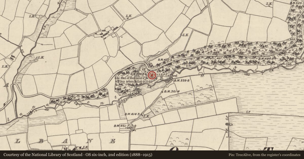 Ordnance Survey six-inch map, 2nd edition (1888–1915) covering the location of Burial, Glanageenty, County Kerry, with a pin at the register's coordinates