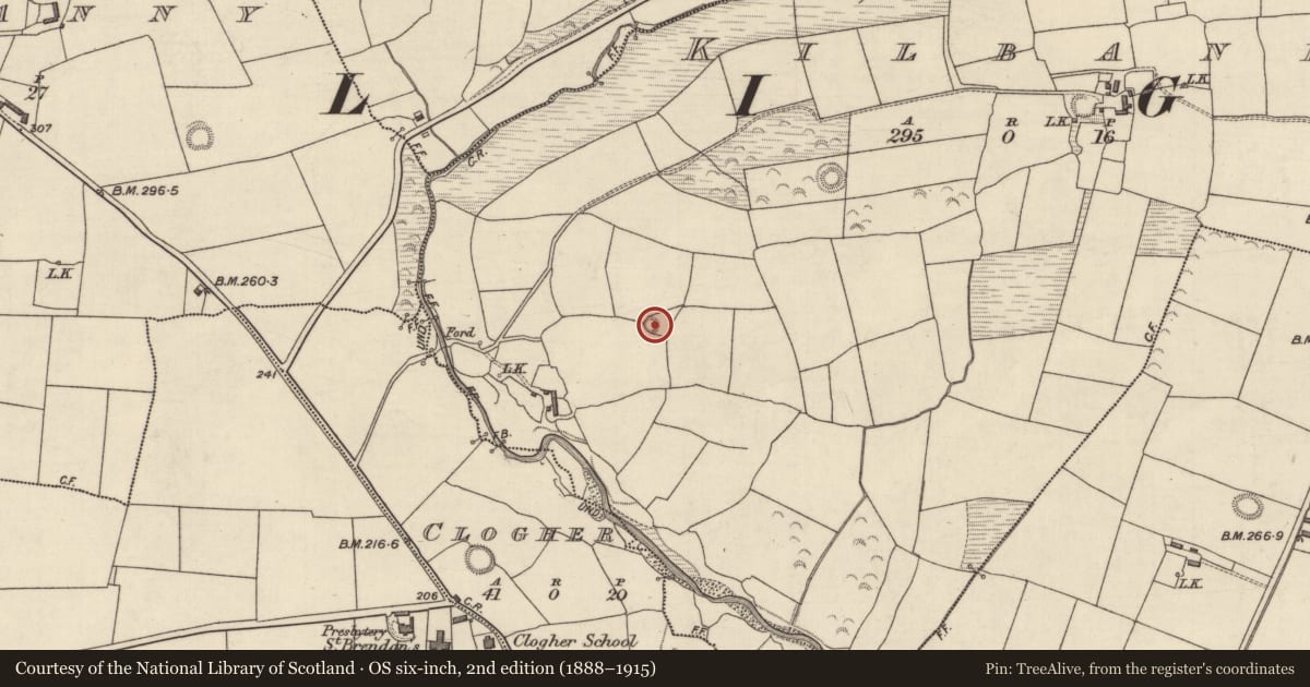 Ordnance Survey six-inch map, 2nd edition (1888–1915) covering the location of Enclosure, Kilbane, County Kerry, with a pin at the register's coordinates
