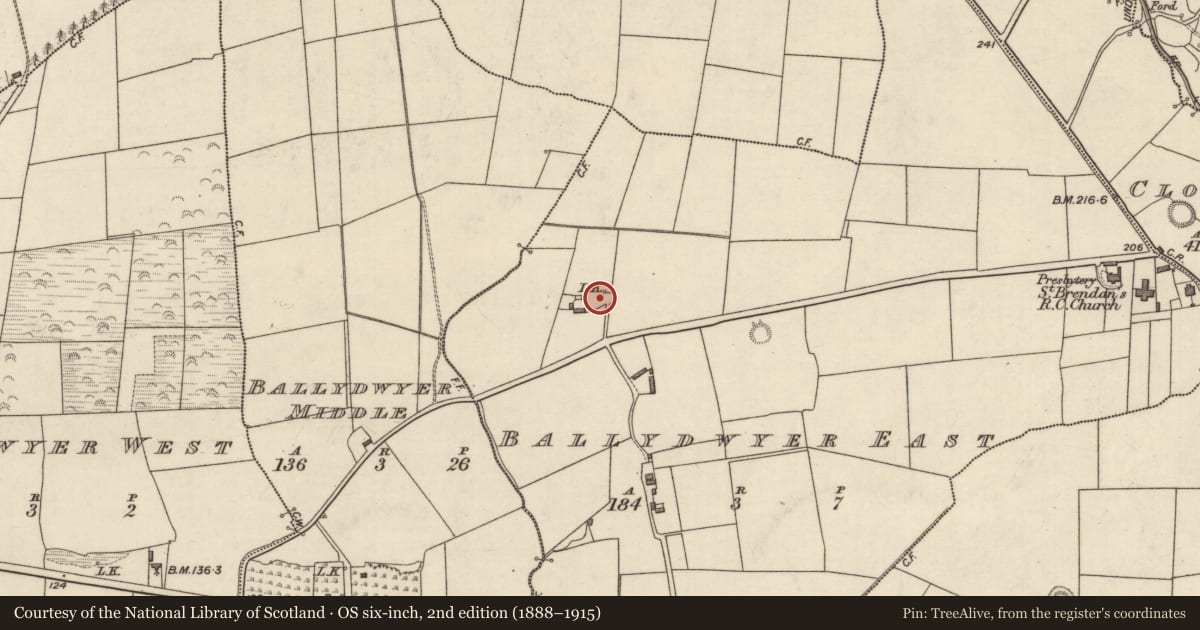 Ordnance Survey six-inch map, 2nd edition (1888–1915) covering the location of Ringfort - rath, Ballydwyer East, County Kerry, with a pin at the register's coordinates