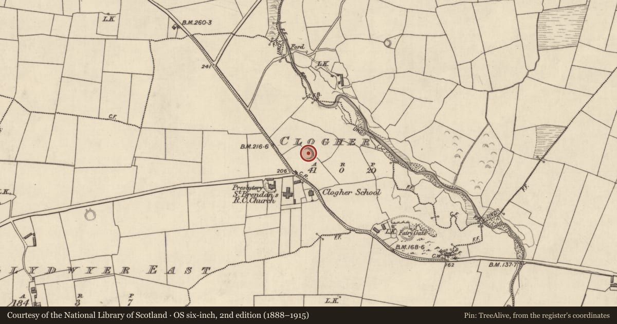 Ordnance Survey six-inch map, 2nd edition (1888–1915) covering the location of Ringfort - rath, Clogher, County Kerry, with a pin at the register's coordinates