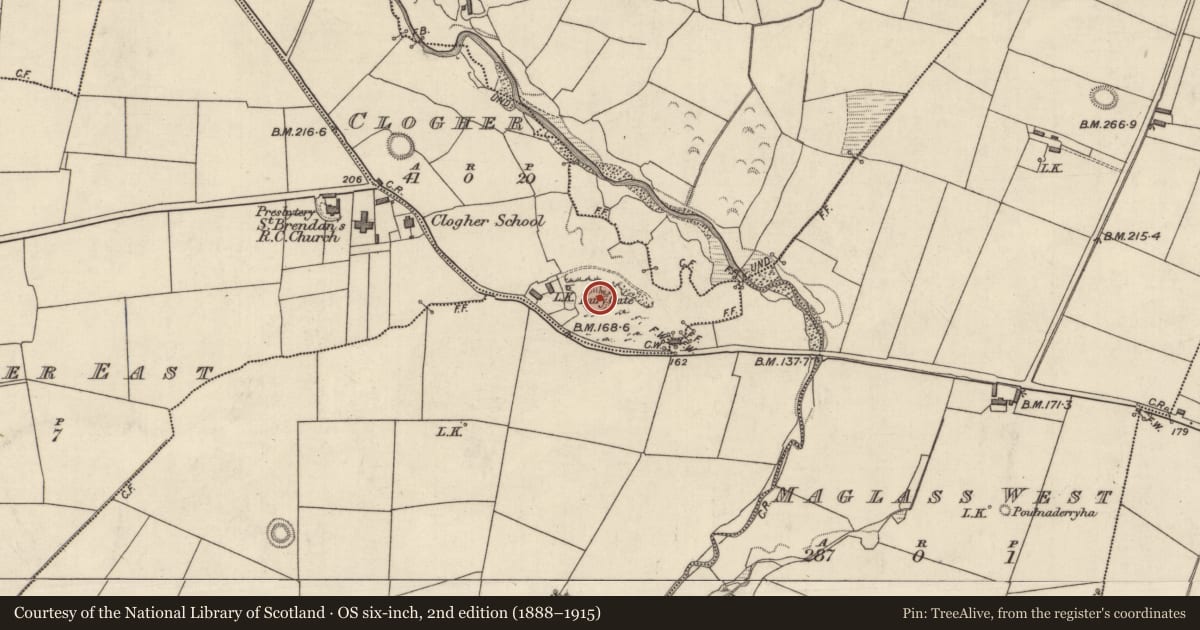Ordnance Survey six-inch map, 2nd edition (1888–1915) covering the location of Enclosure, Clogher, County Kerry, with a pin at the register's coordinates
