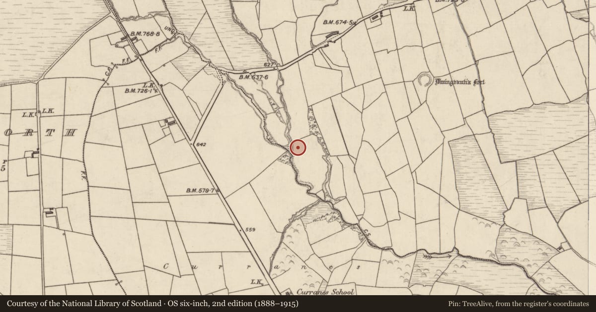 Ordnance Survey six-inch map, 2nd edition (1888–1915) covering the location of Burial ground, Tullagubbeen, County Kerry, with a pin at the register's coordinates