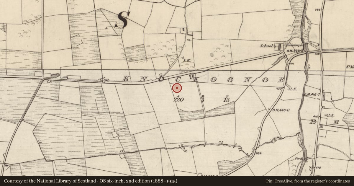 Ordnance Survey six-inch map, 2nd edition (1888–1915) covering the location of Fulacht fia, Knockognoe, County Kerry, with a pin at the register's coordinates
