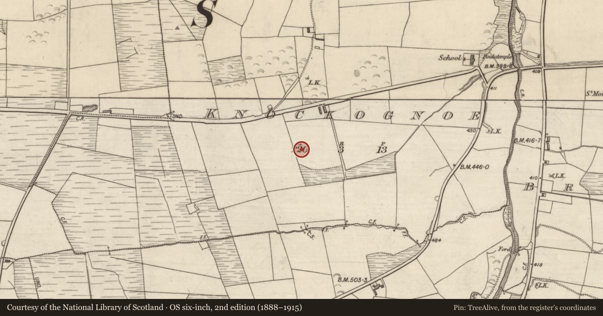 Ordnance Survey six-inch map, 2nd edition (1888–1915) covering the location of Fulacht fia, Knockognoe, County Kerry, with a pin at the register's coordinates