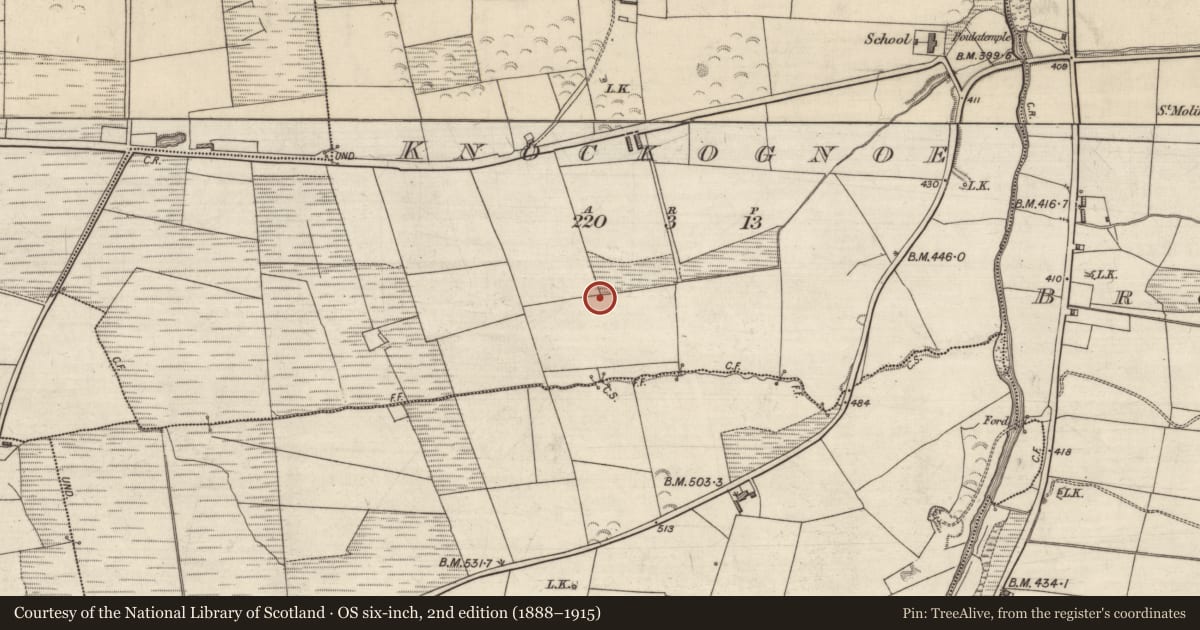 Ordnance Survey six-inch map, 2nd edition (1888–1915) covering the location of Fulacht fia, Knockognoe, County Kerry, with a pin at the register's coordinates