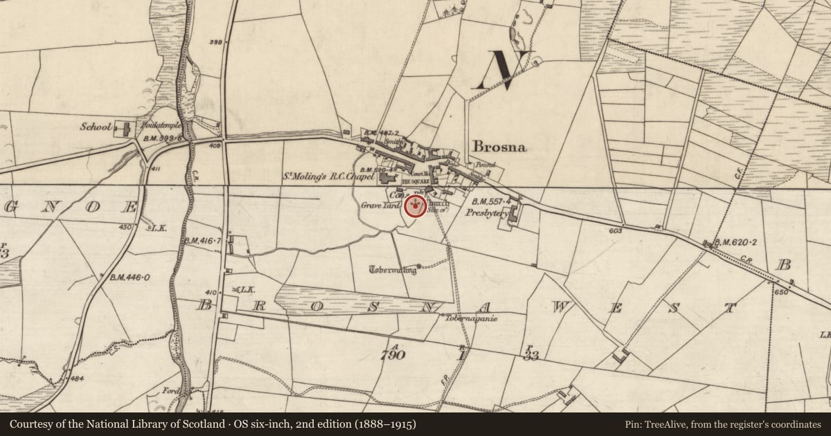 Ordnance Survey six-inch map, 2nd edition (1888–1915) covering the location of Church, Brosna West, County Kerry, with a pin at the register's coordinates