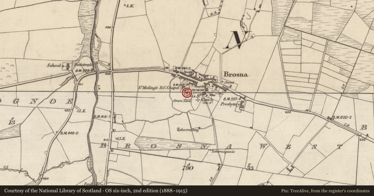 Ordnance Survey six-inch map, 2nd edition (1888–1915) covering the location of Ecclesiastical enclosure, Brosna West, County Kerry, with a pin at the register's coordinates