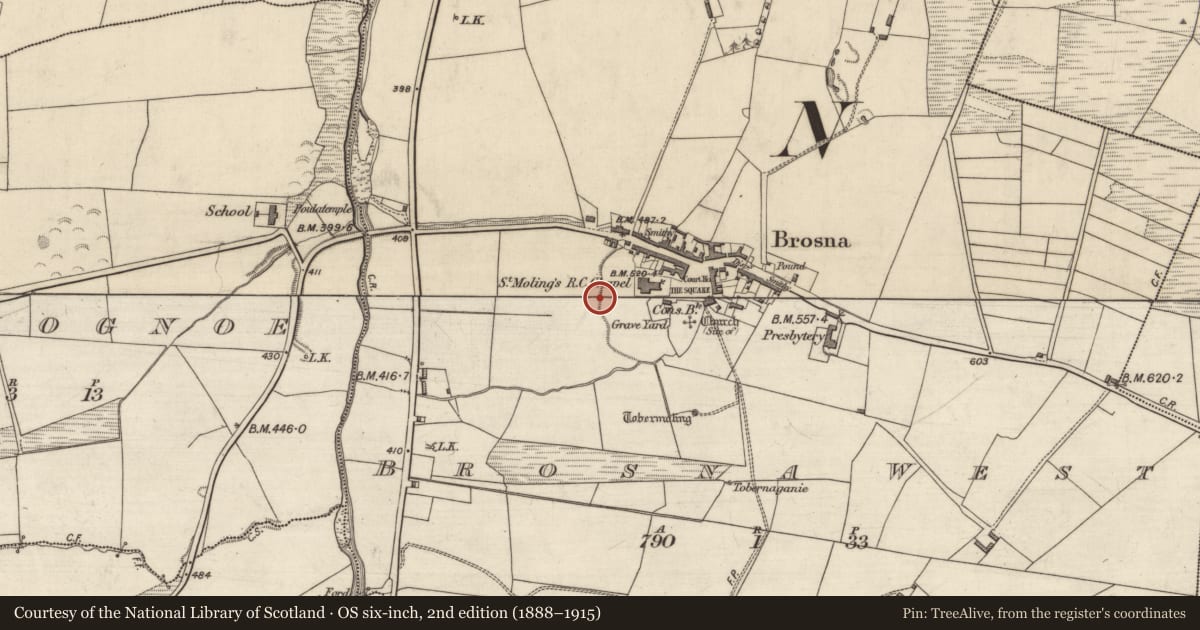 Ordnance Survey six-inch map, 2nd edition (1888–1915) covering the location of Hut site, Brosna West, County Kerry, with a pin at the register's coordinates
