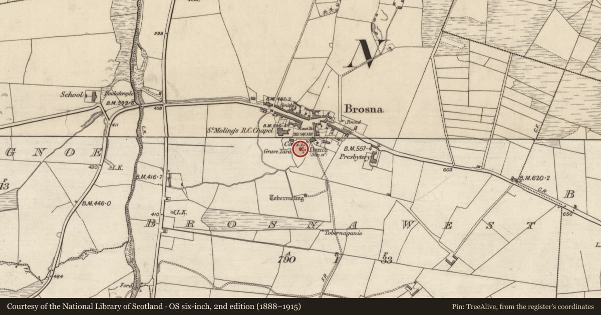 Ordnance Survey six-inch map, 2nd edition (1888–1915) covering the location of Headstone, Brosna West, County Kerry, with a pin at the register's coordinates