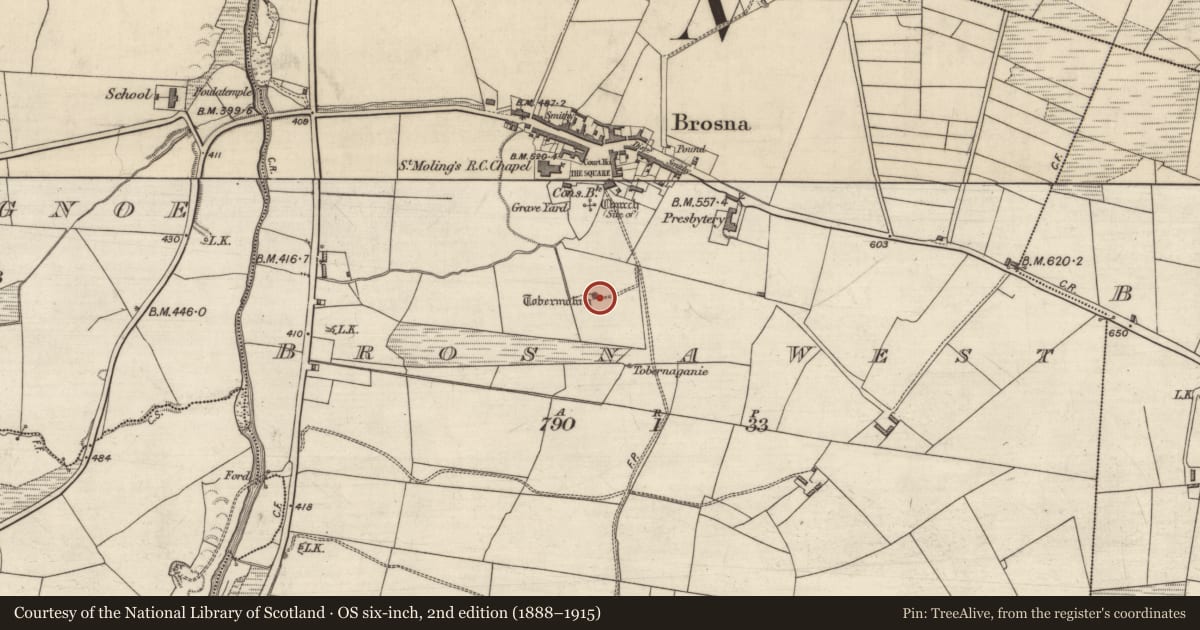 Ordnance Survey six-inch map, 2nd edition (1888–1915) covering the location of Bullaun stone, Brosna West, County Kerry, with a pin at the register's coordinates