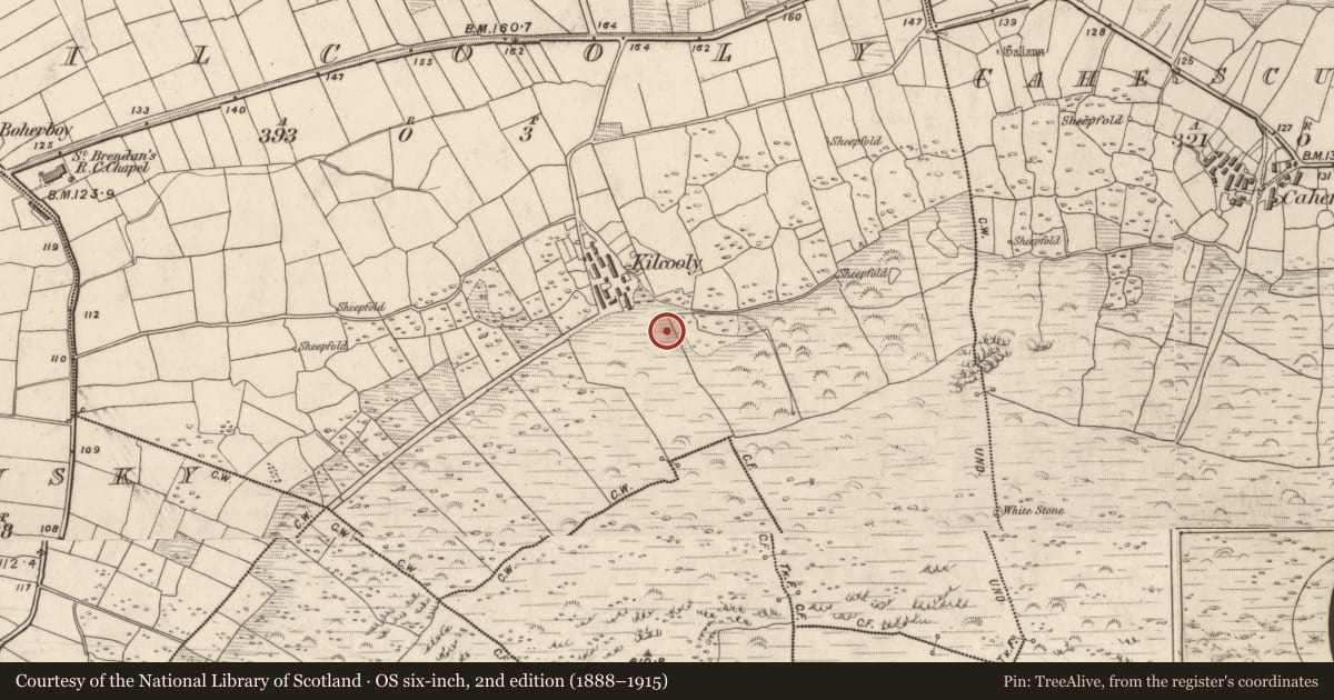 Ordnance Survey six-inch map, 2nd edition (1888–1915) covering the location of Souterrain, Cill Chúile, County Kerry, with a pin at the register's coordinates