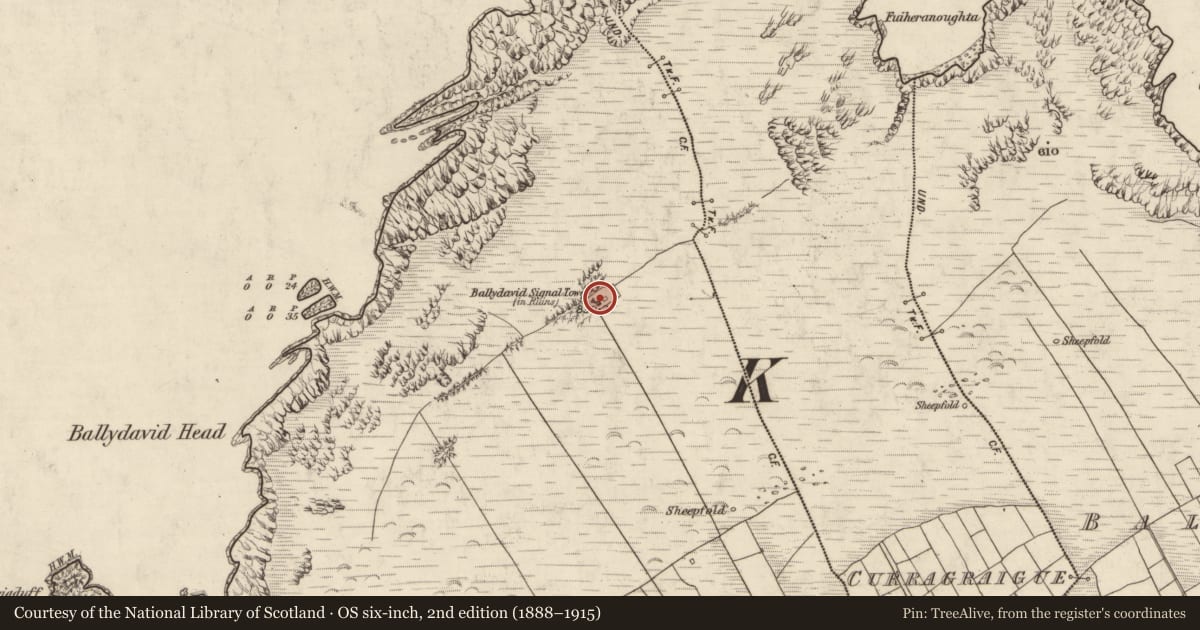 Ordnance Survey six-inch map, 2nd edition (1888–1915) covering the location of Signal tower, Baile Dháith, County Kerry, with a pin at the register's coordinates