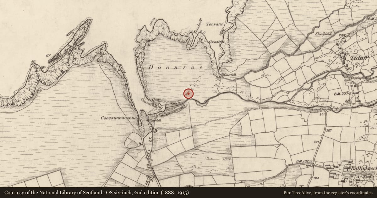 Ordnance Survey six-inch map, 2nd edition (1888–1915) covering the location of Enclosure, Baile Na Habha (TC Cill Chuáin), County Kerry, with a pin at the register's coordinates
