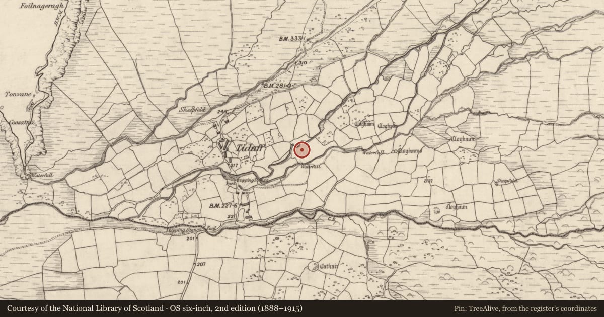 Ordnance Survey six-inch map, 2nd edition (1888–1915) covering the location of Hut site, Baile Na Habha (TC Cill Chuáin), County Kerry, with a pin at the register's coordinates