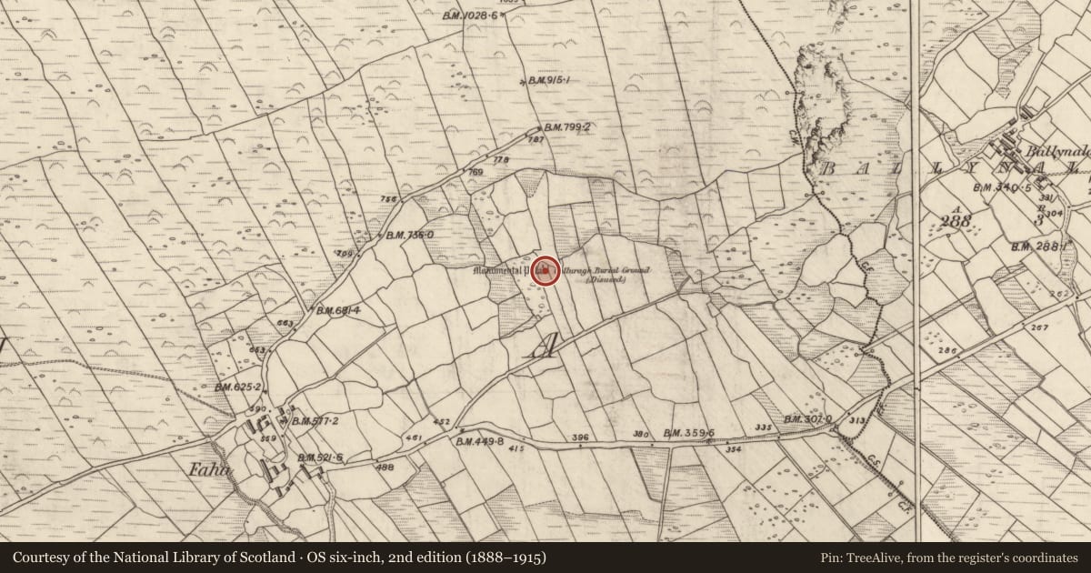 Ordnance Survey six-inch map, 2nd edition (1888–1915) covering the location of Children's burial ground, An Fhaiche, County Kerry, with a pin at the register's coordinates