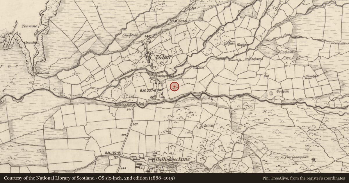 Ordnance Survey six-inch map, 2nd edition (1888–1915) covering the location of Children's burial ground, Baile Na Habha (TC Cill Chuáin), County Kerry, with a pin at the register's coordinates