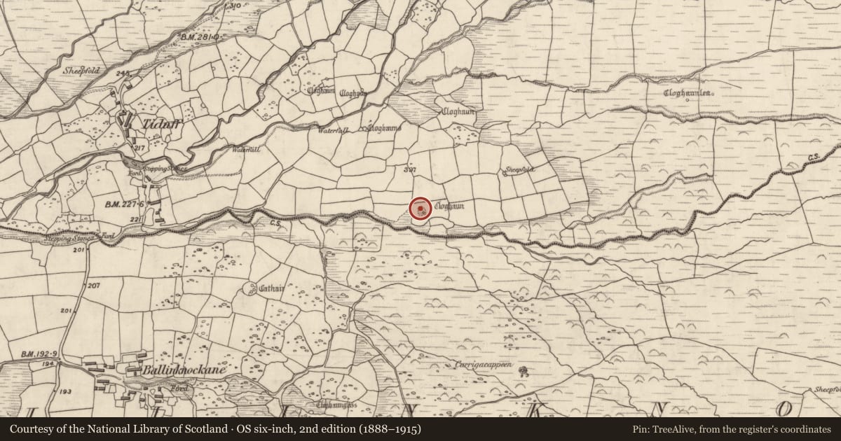 Ordnance Survey six-inch map, 2nd edition (1888–1915) covering the location of Enclosure, Baile Na Habha (TC Cill Chuáin), County Kerry, with a pin at the register's coordinates