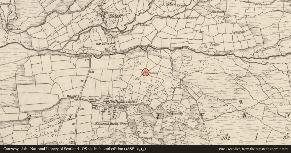 Ordnance Survey six-inch map, 2nd edition (1888–1915) covering the location of Ringfort - cashel, Baile An Chnocáin (TC Cill Chuain), County Kerry, with a pin at the register's coordinates