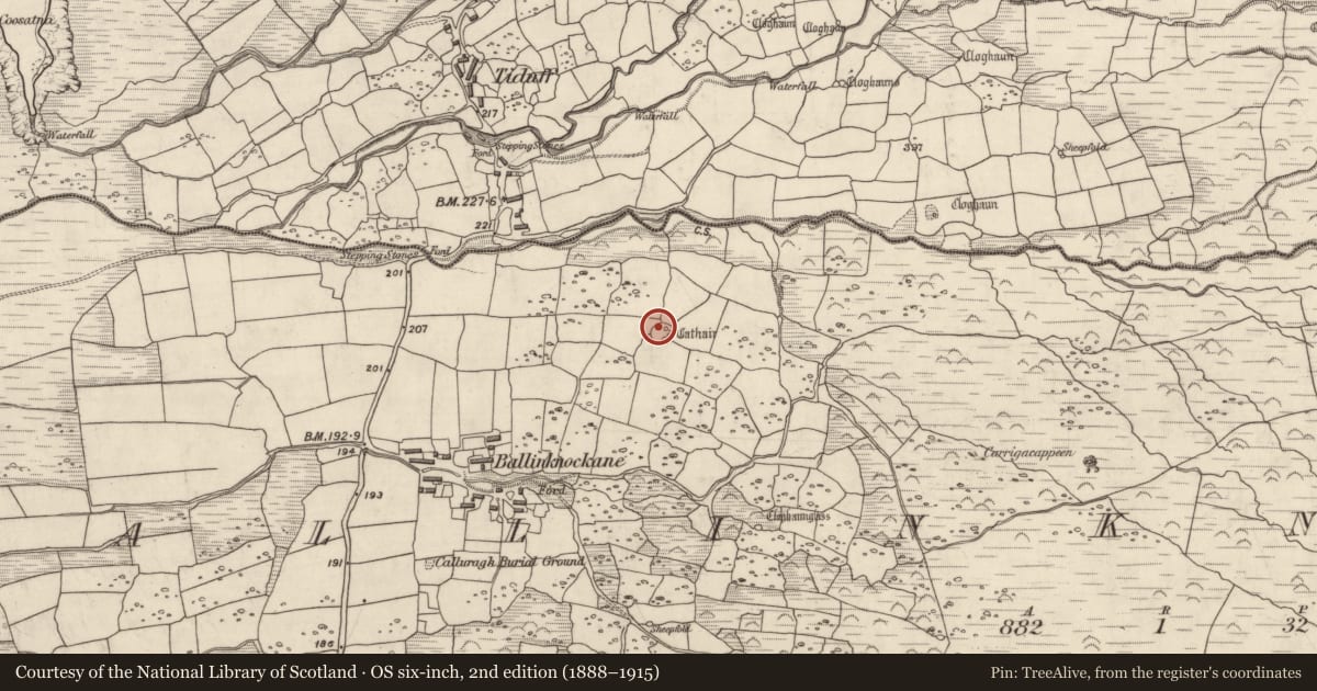 Ordnance Survey six-inch map, 2nd edition (1888–1915) covering the location of Hut site, Baile An Chnocáin (TC Cill Chuain), County Kerry, with a pin at the register's coordinates