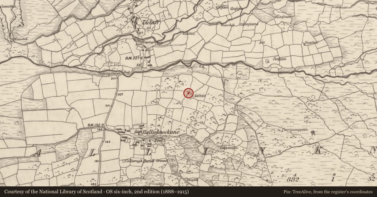 Ordnance Survey six-inch map, 2nd edition (1888–1915) covering the location of Hut site, Baile An Chnocáin (TC Cill Chuain), County Kerry, with a pin at the register's coordinates